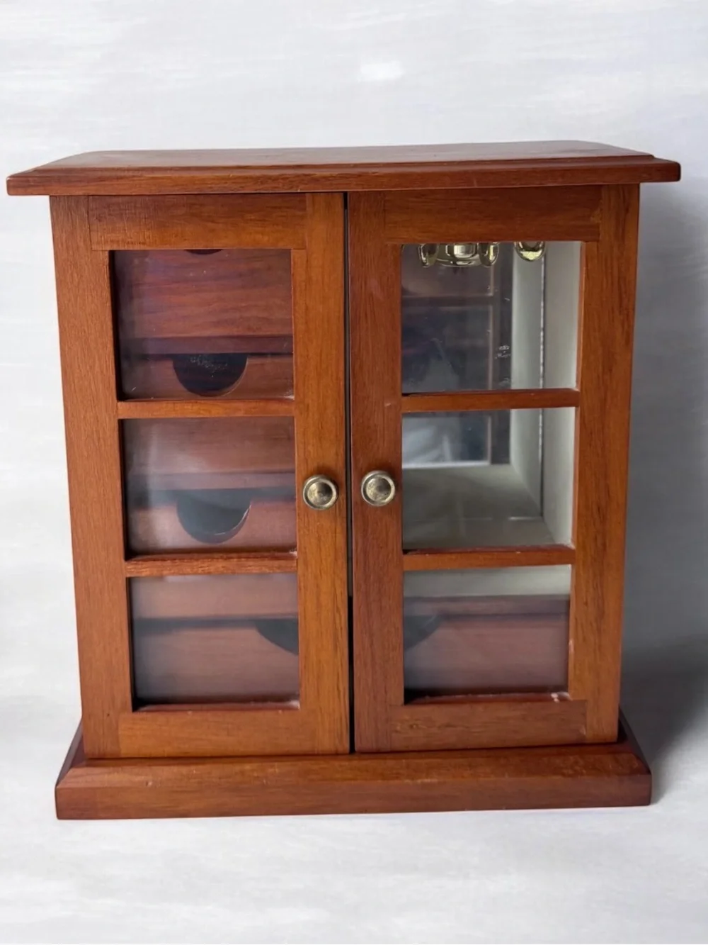 Wooden Glass-Front Jewelry Cabinet in Warm Brown vintage jewelry holder storage